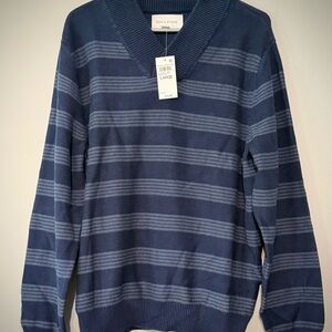 Sun + Stone Navy V-Neck Sweater with Light Blue Stripes